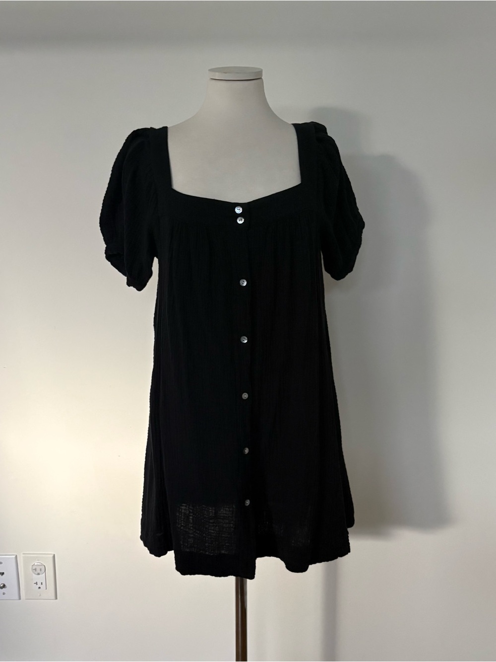 Honorine Square Neckline Black Cotton Muslin Mini Dress M